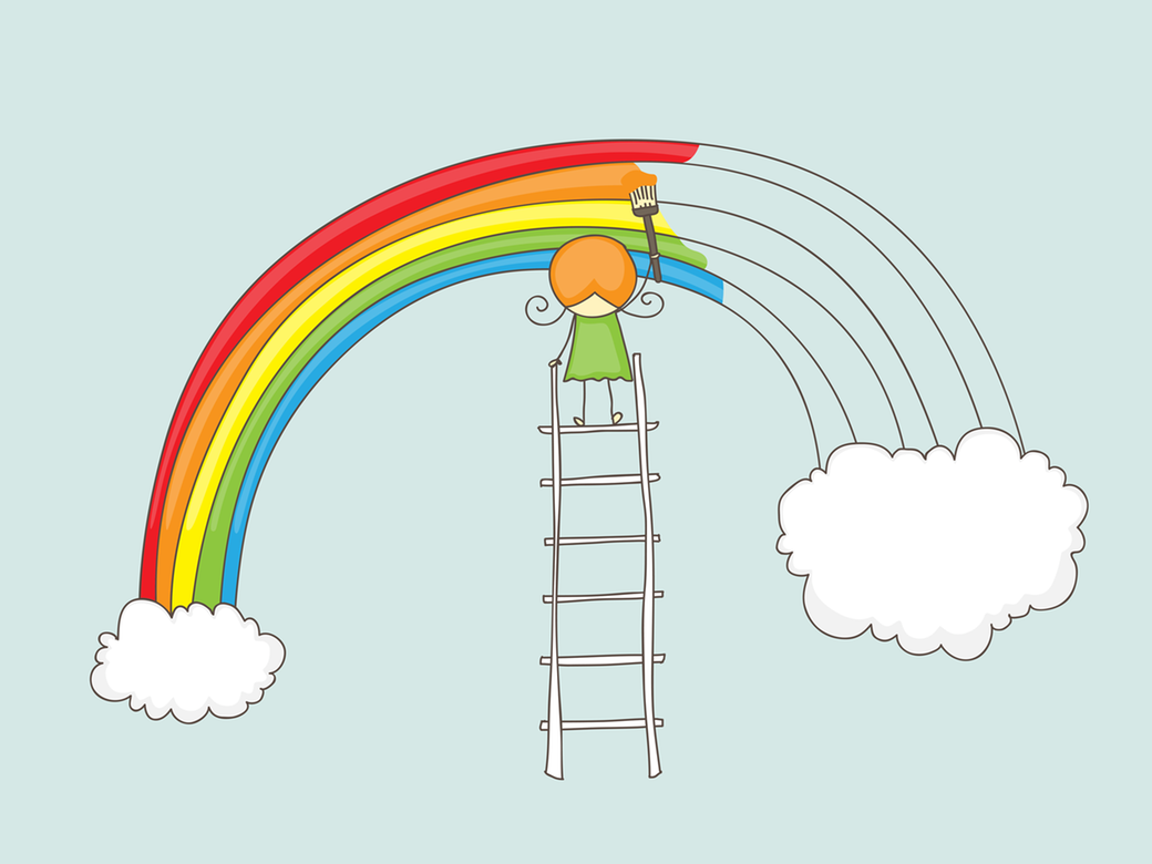Illustration av ett barn som står på en stege och färglägger en regnbåge