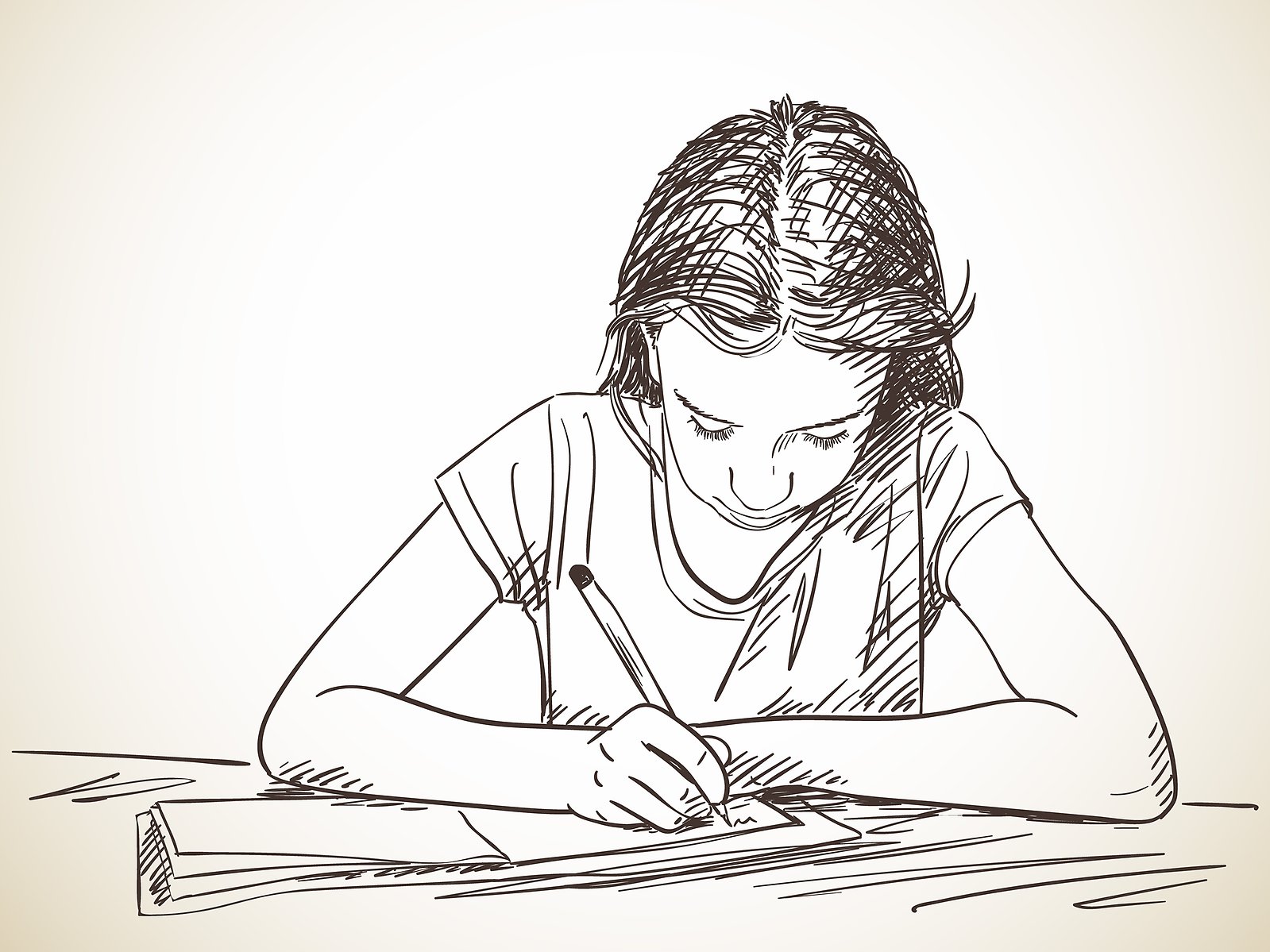 Tecknad flicka sitter och skriver