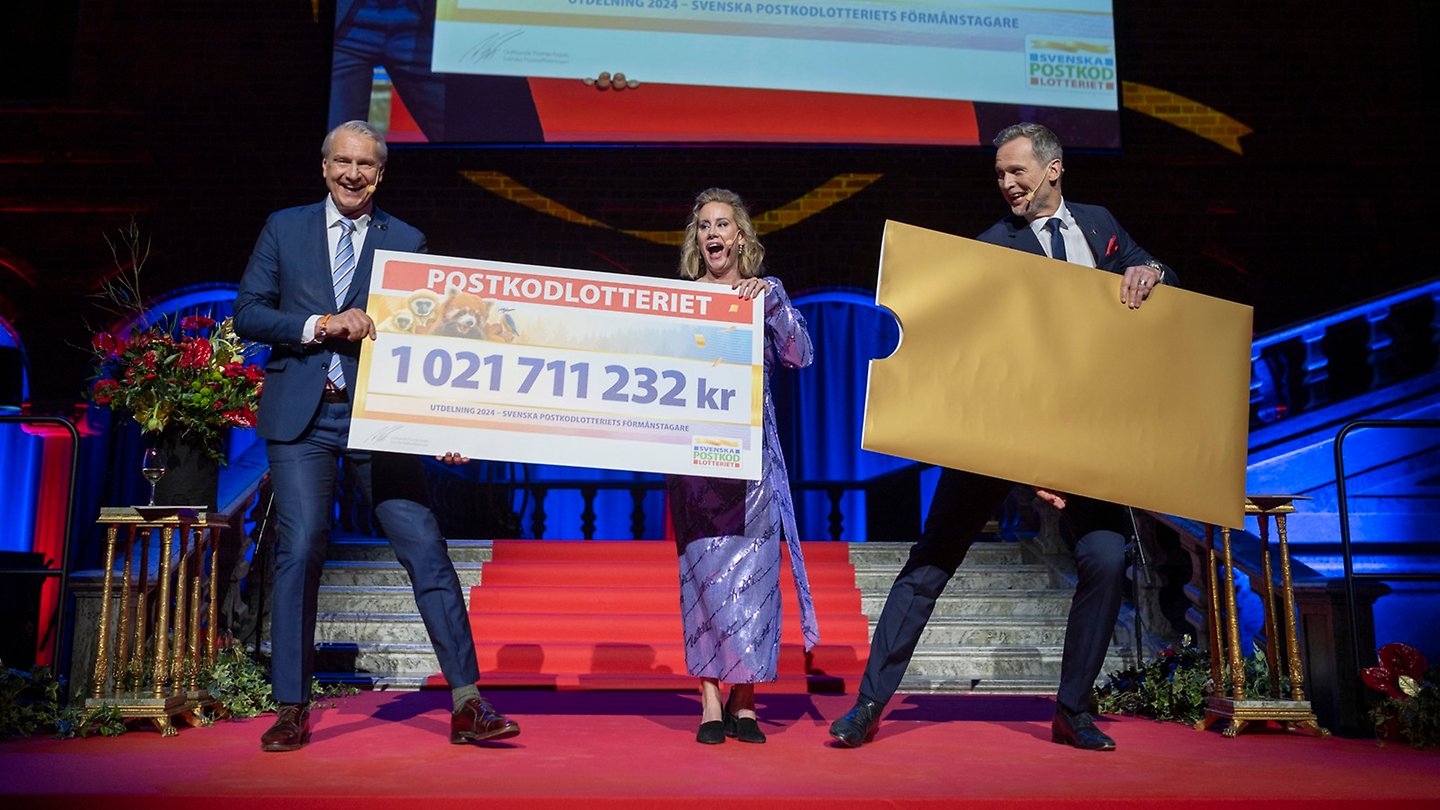 Postkodlotteriets Managing Directors Anders Årbrandt och Ebba Kilman avslöjar året överskott från lotteriet.