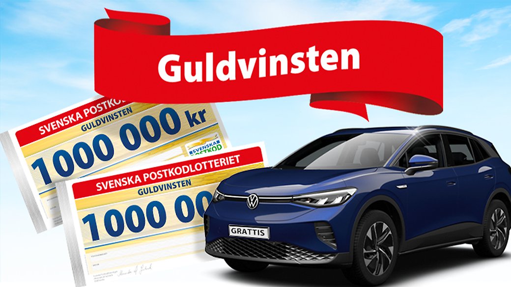 Varje lördag lottar Postkodlotteriet ut 2 miljoner + en bil till ett vinnande postnummer i Postkodlotteriets Guldvinst.